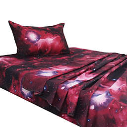 PiccoCasa Galaxy Bed Sheet Set for Kids, 3 Piece Soft Polyester Microfiber Bedding Set, Including 3D Space Star Theme Bed Sheet & Fitted Sheet with Pillowcase Red Twin(66