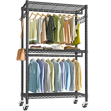 2 Tier Adjustable Clothes Stand on Wheel Chrome Rack Coat Hanger Hanging Rail 