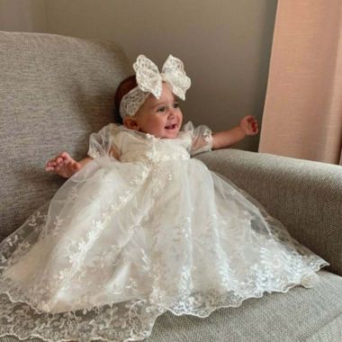 Baby Girls Complete Sleeveless Baptism Gown with Bow Headband and