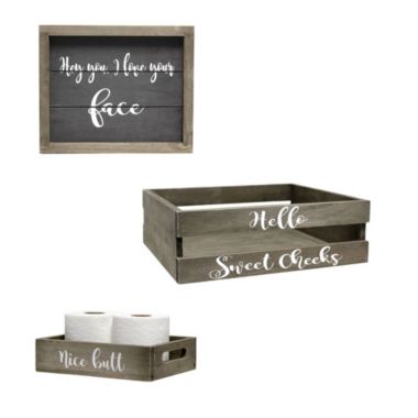Elegant Designs 3 Piece Home Farmhouse Decorative Cheeky Wood Bathroom Set, Small (1 Towel and 1 Toilet Paper Holder, 1 Frame) - Rustic Gray. View a larger version of this product image.