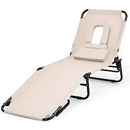 Costway Outdoor Folding Chaise Beach Pool Patio Lounge Chair Bed with Adjustable Back and Hole-Beige