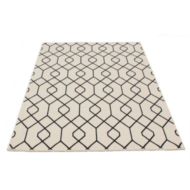 Chaudhary Living 7.75' x 10' White and Navy Blue Geometric Rectangular Area Throw Rug. View a larger version of this product image.