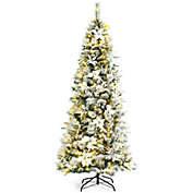 Slickblue Pre-lit Snow Flocked Christmas Tree with Berries and Poinsettia Flowers-7&#39;