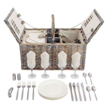 Juvale Gray Wicker Picnic Basket Set for 4 with Insulated Cooler Bag, Silverware, Glasses, Napkins, Double Lid Design. View a larger version of this product image.
