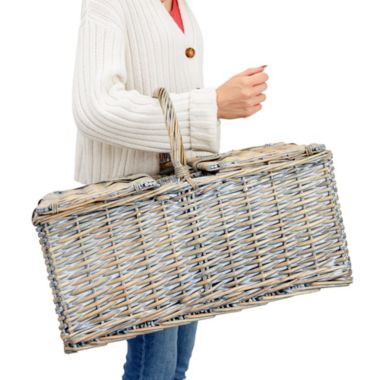 Juvale Gray Wicker Picnic Basket Set for 4 with Insulated Cooler Bag, Silverware, Glasses, Napkins, Double Lid Design. View a larger version of this product image.