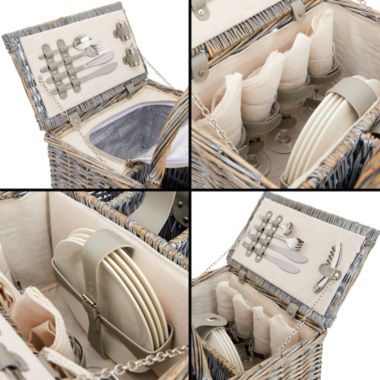 Juvale Gray Wicker Picnic Basket Set for 4 with Insulated Cooler Bag, Silverware, Glasses, Napkins, Double Lid Design. View a larger version of this product image.