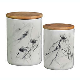 Urban Trends Collection Ceramic Cylindrical 56 oz and 24 oz Canister, Set of 2, Marbleized Finish, White
