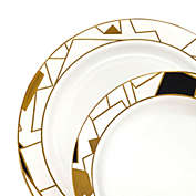 Smarty Had A Party White with Black and Gold Abstract Squares Pattern Round Disposable Plastic Dinnerware Value Set (120 Dinner Plates + 120 Salad Plates)