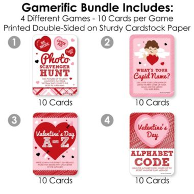 Big Dot of Happiness Conversation Hearts - 4 Valentine's Day Games - 10 Cards Each - Gamerific Bundle. View a larger version of this product image.