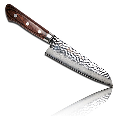 Made in Japan KASUMI 180 by Ginza Steel- Damascus VG10 Santoku Knife 180mm Mahogany Brown handle. View a larger version of this product image.