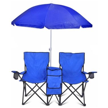 GoTeam Portable Double Folding Chair w/Removable Umbrella, Cooler Bag and Carry Case - Blue. View a larger version of this product image.