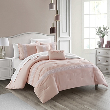 Chic Home Brice Comforter Set Pleated Embroidered Design Bedding - Decorative Pillows Shams Included - 5 Piece - King 104x92", Blush. View a larger version of this product image.