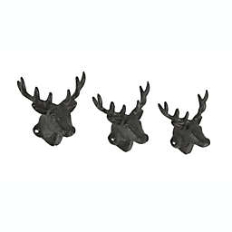 Zeckos Set of 3 Rustic Brown Deer Head Decorative Wall Hooks Lodge Decor