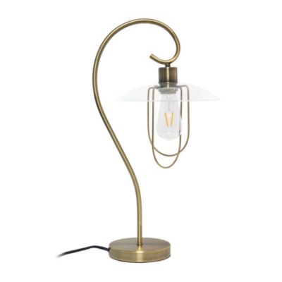 Simple Designs Modern Table Lamp with Curved Metal Base and Clear Glass Shade - Antique Brass