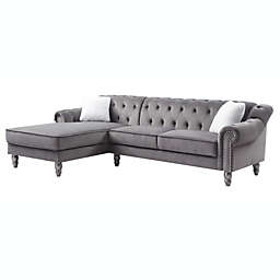 Passion Furniture Encino 99 in. Chesterfield Tufted Dark Gray Velvet Sectional Sofa with 2-Throw Pillow