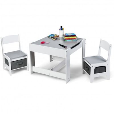 Costway Kids Table Chairs Set With Storage Boxes Blackboard Whiteboard Drawing-White