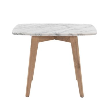The Bianco Collection Cima 12" x 21" Rectangular Italian Carrara White Marble Side Table with Oak Legs. View a larger version of this product image.