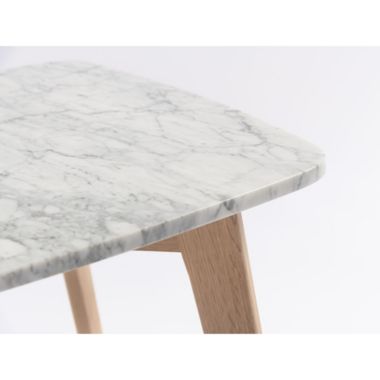 The Bianco Collection Cima 12" x 21" Rectangular Italian Carrara White Marble Side Table with Oak Legs. View a larger version of this product image.