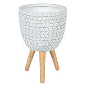 LuxenHome White Cube Design 12.1 In. Round Mgo Planter With Wood Legs - White