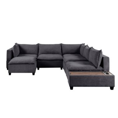 Contemporary Home Living 131.5" Madison Dark Gray 7-Piece Modular Sectional Sofa Chaise with USB Storage and Console Table. View a larger version of this product image.