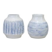 Melrose Set of 2 Blue and White Notched Planter Vases 6"
