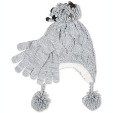 Fab Big Girl's 2 Pc Heidi Sequined Popcorn Knit Hat & Gloves Gray Size Regular. View a larger version of this product image.