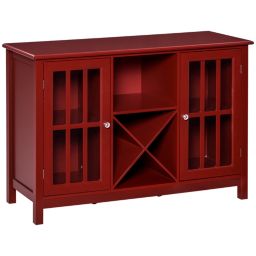 HOMCOM Serving Buffet Glass Door Storage Sideboard, Liquor Cabinet with 12 Bottle Wine Rack, Red