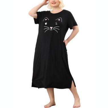 Agnes Orinda Women's Plus Size Nightgown Pajamas Pockets Soft Comfy Cute Cat Sleepwear Nightgowns, Leisure Rayon Sleep Dress Round Neck Slit Pocket Midi Nightdress with Cat Print, 2X Black. View a larger version of this product image.