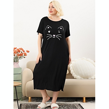 Agnes Orinda Women&#39;s Plus Size Nightgown Pajamas Pockets Soft Comfy Cute Cat Sleepwear Nightgowns, Leisure Rayon Sleep Dress Round Neck Slit Pocket Midi Nightdress with Cat Print, 2X Black. View a larger version of this product image.
