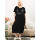 Alternate image 2 for Agnes Orinda Women's Plus Size Nightgown Pajamas Pockets Soft Comfy Cute Cat Sleepwear Nightgowns, Leisure Rayon Sleep Dress Round Neck Slit Pocket Midi Nightdress with Cat Print, 2X Black