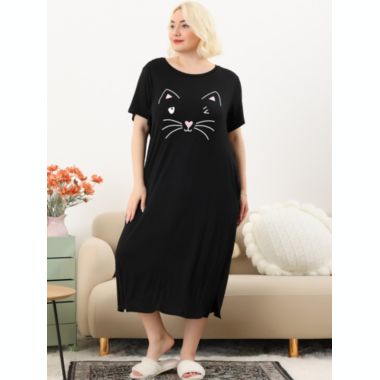 Agnes Orinda Women's Plus Size Nightgown Pajamas Pockets Soft Comfy Cute Cat Sleepwear Nightgowns, Leisure Rayon Sleep Dress Round Neck Slit Pocket Midi Nightdress with Cat Print, 2X Black. View a larger version of this product image.