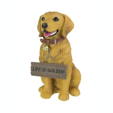DWK Corporation 12.75 Inch Tall Harley the Golden Retriever Dog Realistic Lifelike Statue with Reversible Sign. View a larger version of this product image.