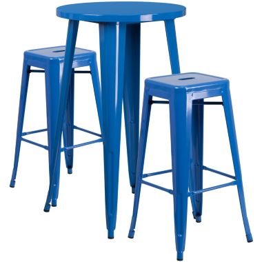 Merrick Lane Giosetta 3 Piece Blue Patio Set with Table and 2 Backless Stools - Powder Coated Metal Frames for Indoor and Outdoor Use. View a larger version of this product image.