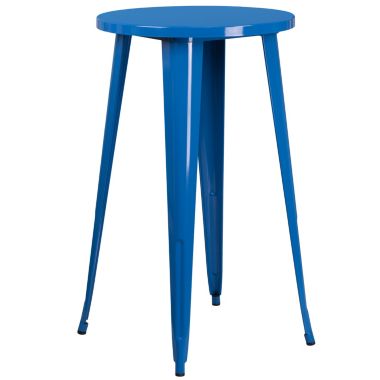 Merrick Lane Giosetta 3 Piece Blue Patio Set with Table and 2 Backless Stools - Powder Coated Metal Frames for Indoor and Outdoor Use. View a larger version of this product image.