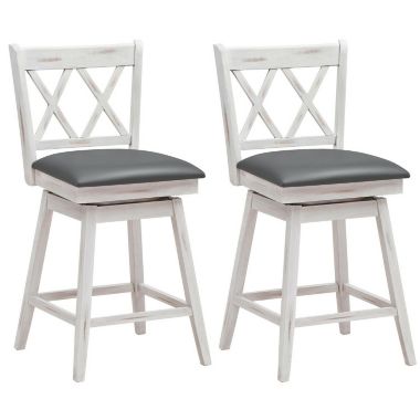 Hivago 2 Pieces 24 Inch Swivel Counter Height Barstool Set with Rubber Wood Legs-White. View a larger version of this product image.