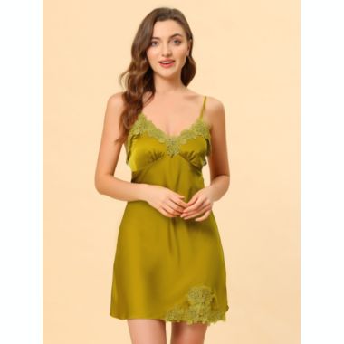 Allegra K Women's Satin Pajama Lounge Sleepwear Cami Dress Spaghetti Strap Nightgown, 100% Polyester Sleepwear Sleepshirt Nightdress Regular Fit Gown Dress, Medium Yellow. View a larger version of this product image.