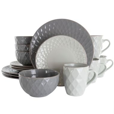 Elama Tahitian Diamond 16 Piece Stoneware Dinnerware Set in Slate and Pearl. View a larger version of this product image.