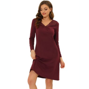 cheibear Women's Loungewear Pajamas, Soft One Piece Nightshirt V-neck Lace Trim Lounge Dress Nightgown, Red M. View a larger version of this product image.