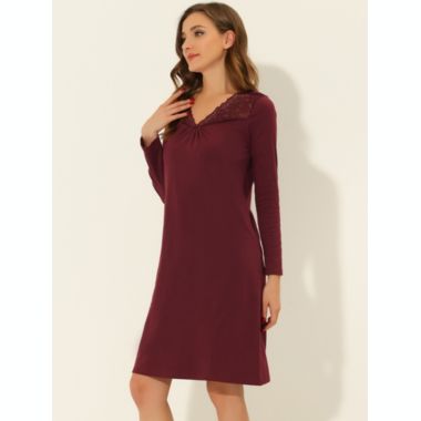 cheibear Women's Loungewear Pajamas, Soft One Piece Nightshirt V-neck Lace Trim Lounge Dress Nightgown, Red M. View a larger version of this product image.