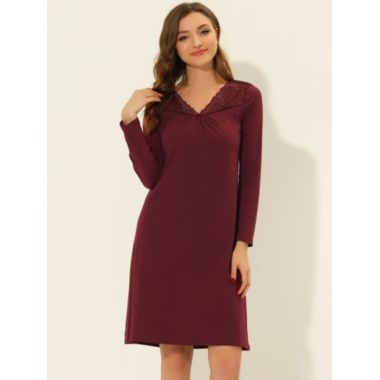 cheibear Women's Loungewear Pajamas, Soft One Piece Nightshirt V-neck Lace Trim Lounge Dress Nightgown, Red M. View a larger version of this product image.