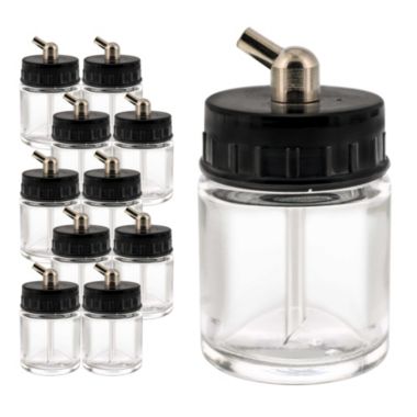 Master Airbrush 10 Pack Master Airbrush TB-003, 3/4 oz Glass Jar Bottles with 60 degree Down Angle Adaptor Lid Assembly, Single-Action Siphon. View a larger version of this product image.