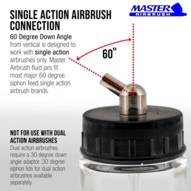 Master Airbrush 10 Pack Master Airbrush TB-003, 3/4 oz Glass Jar Bottles with 60 degree Down Angle Adaptor Lid Assembly, Single-Action Siphon. View a larger version of this product image.