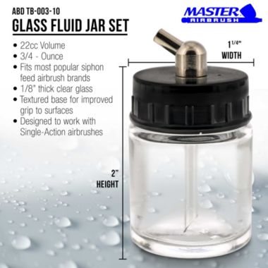 Master Airbrush 10 Pack Master Airbrush TB-003, 3/4 oz Glass Jar Bottles with 60 degree Down Angle Adaptor Lid Assembly, Single-Action Siphon. View a larger version of this product image.