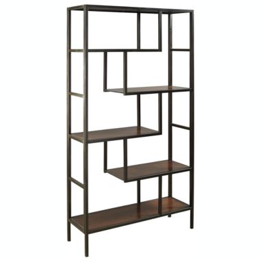 Slickblue 5 Shelves Asymmetric Design Bookcase with Metal Frame, Brown and Black. View a larger version of this product image.