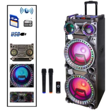 Befree Sound 700W Dual 10 Inch Subwoofer Bluetooth Portable Party Speaker with Sound Reactive Party Lights, USB/ SD Input, Rechargeable Battery, Remote Control And 2 Wireless Microphones. View a larger version of this product image.