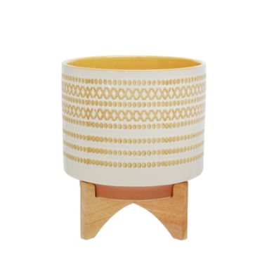 Kingston Living 11.5" Yellow and White Dot Ceramic Cylindrical Planter on Stand. View a larger version of this product image.