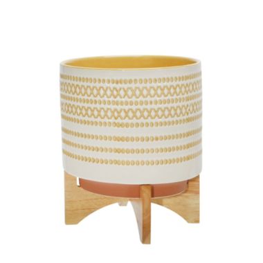 Kingston Living 11.5" Yellow and White Dot Ceramic Cylindrical Planter on Stand. View a larger version of this product image.