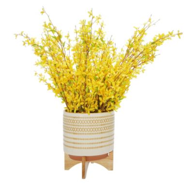 Kingston Living 11.5" Yellow and White Dot Ceramic Cylindrical Planter on Stand. View a larger version of this product image.