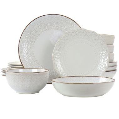 Elama Countess 16 Piece Embossed Double Bowl Stoneware Dinnerware Set in Ivory. View a larger version of this product image.
