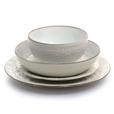 Elama Countess 16 Piece Embossed Double Bowl Stoneware Dinnerware Set in Ivory. View a larger version of this product image.